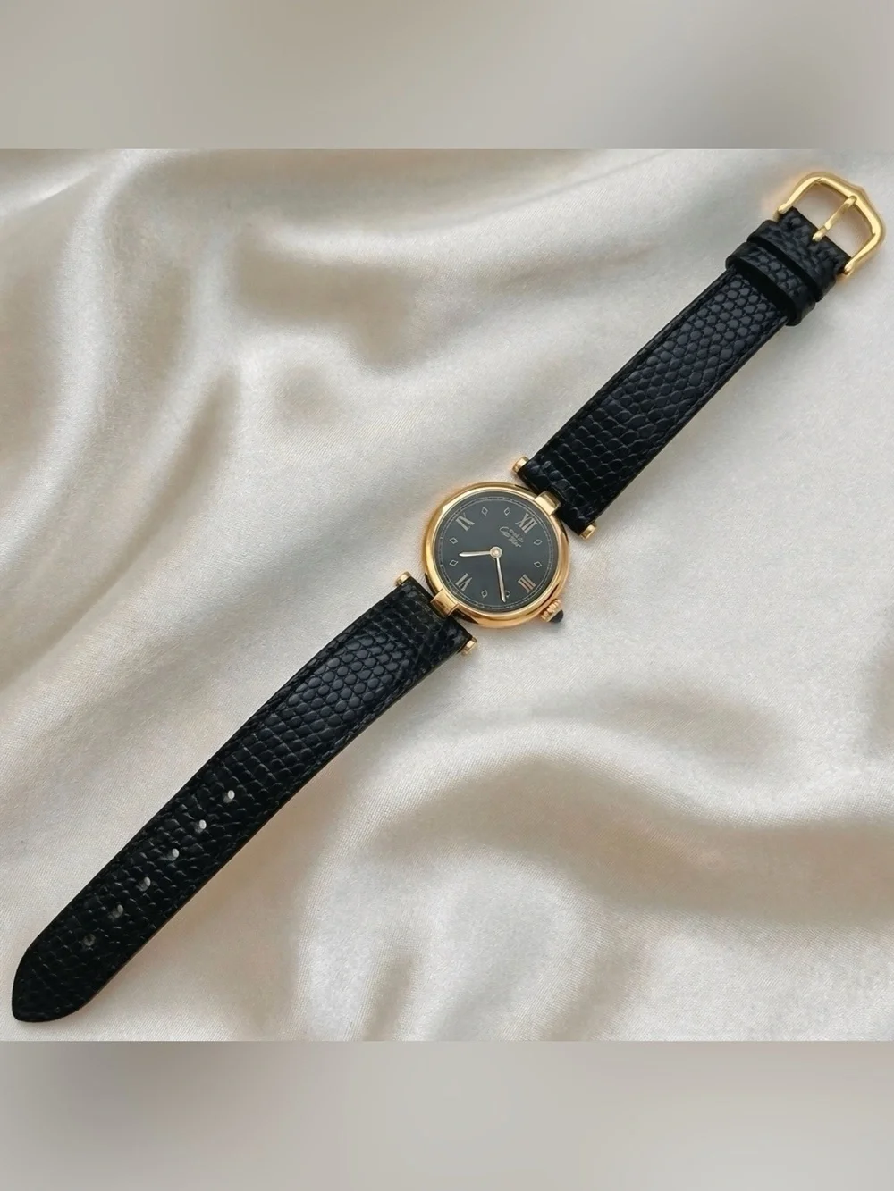 AUTHENTIC VINTAGE CARTIER BLACK LEATHER WATCH - WITH BOX - Picture 2 of 5
